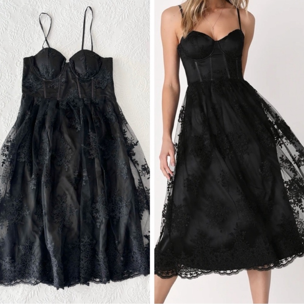 Black Lace Midi Dress with Corset Bodice
